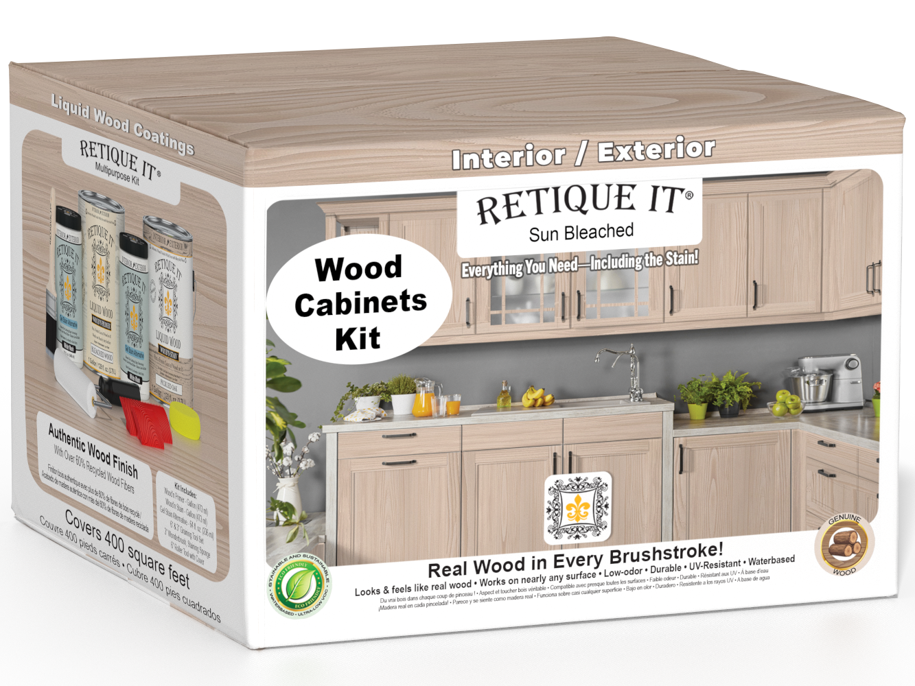 Sun bleached Wood'n Cabinet Kit by Retique It® with 48 grained cabinet doors and wood finish details.