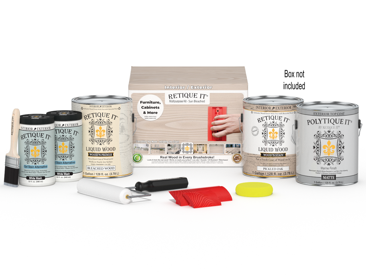 Retique It Wood'n Finish Kit in large size, featuring a wooden box with various finishing tools and supplies for wood projects.