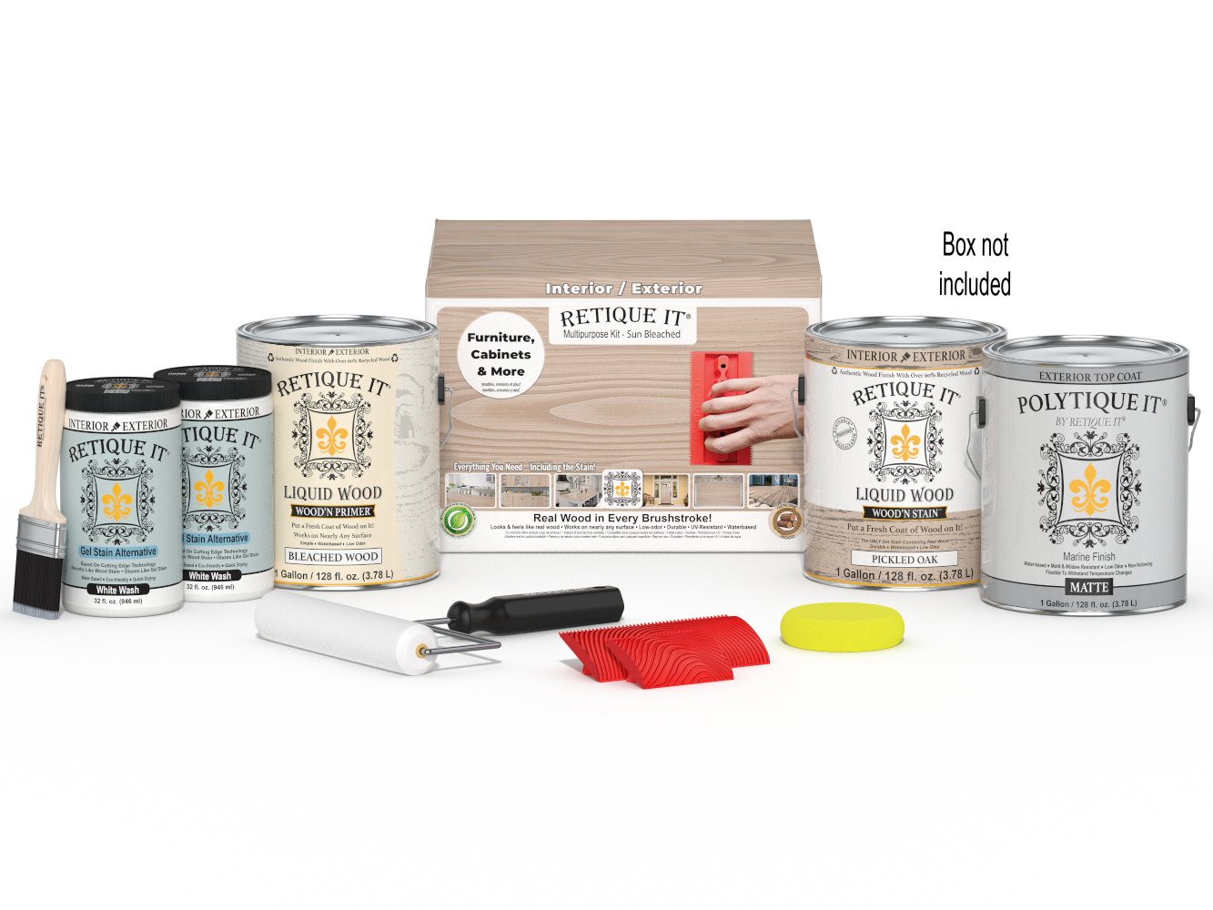 Retique It® Wood'n Finish Kit in Sun Bleached, a multi-purpose exterior top coat with four large wood finish bottles and applicator tools.