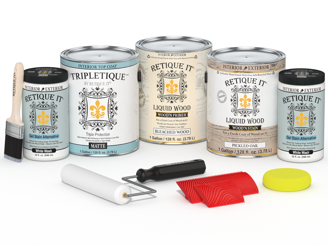 Retique It® Wood'n Kit Multi-purpose wood finish set with four large sun-bleached interior top coat bottles, matte finish.