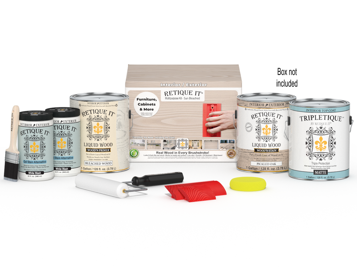 Retique It Wood'n Finish Kit in XL with box, featuring wood stain and finishing supplies for furniture refinishing.