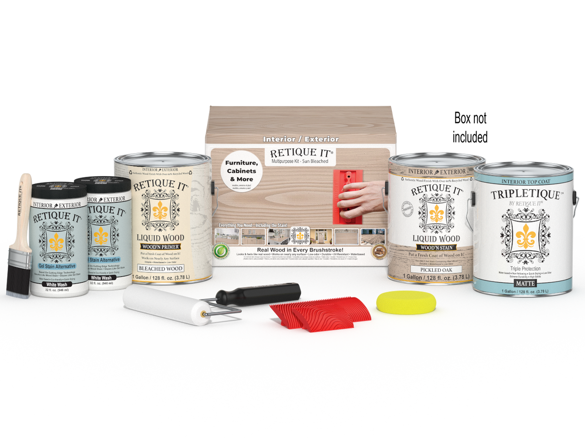 Retique It® Wood'n Finish Kit with four large sun-bleached interior top coat bottles and applicator brushes in a box.