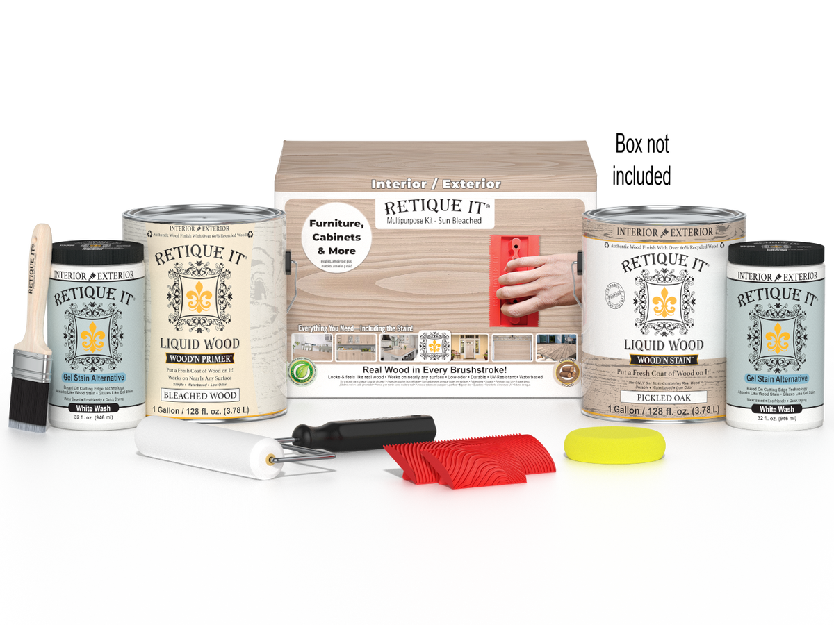 Sun-bleached Retique It Wood'n Finish Kit with four large wood finishing products and a box, ideal for multi-purpose wood projects.