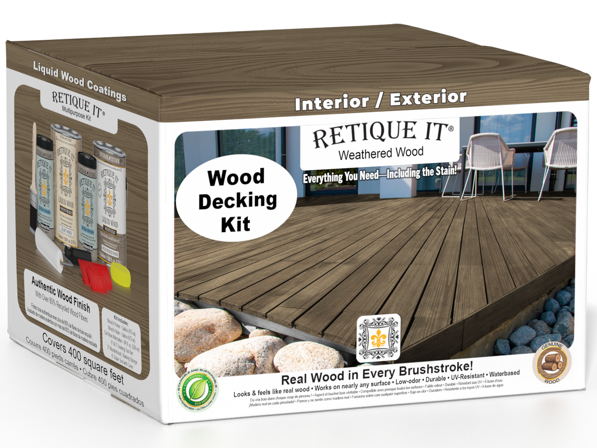 Retique It Weathered Wood decking stain kit with weathered wood finish, showing application on wooden decking boards.