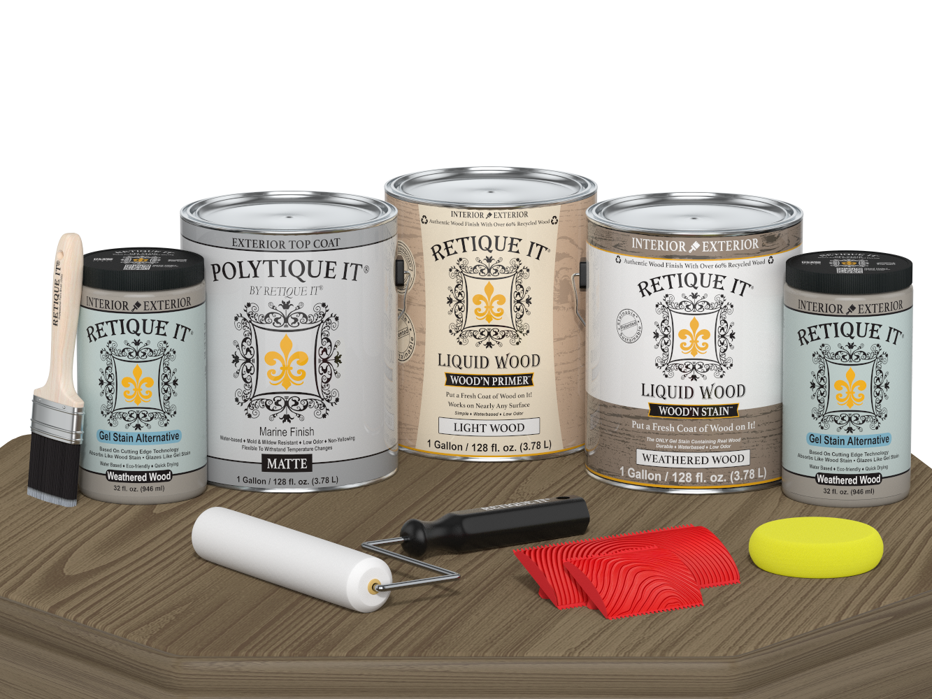 Retique It® Wood'n Finish Kit with four weathered wood exterior top coat samples in matte finish on a table.