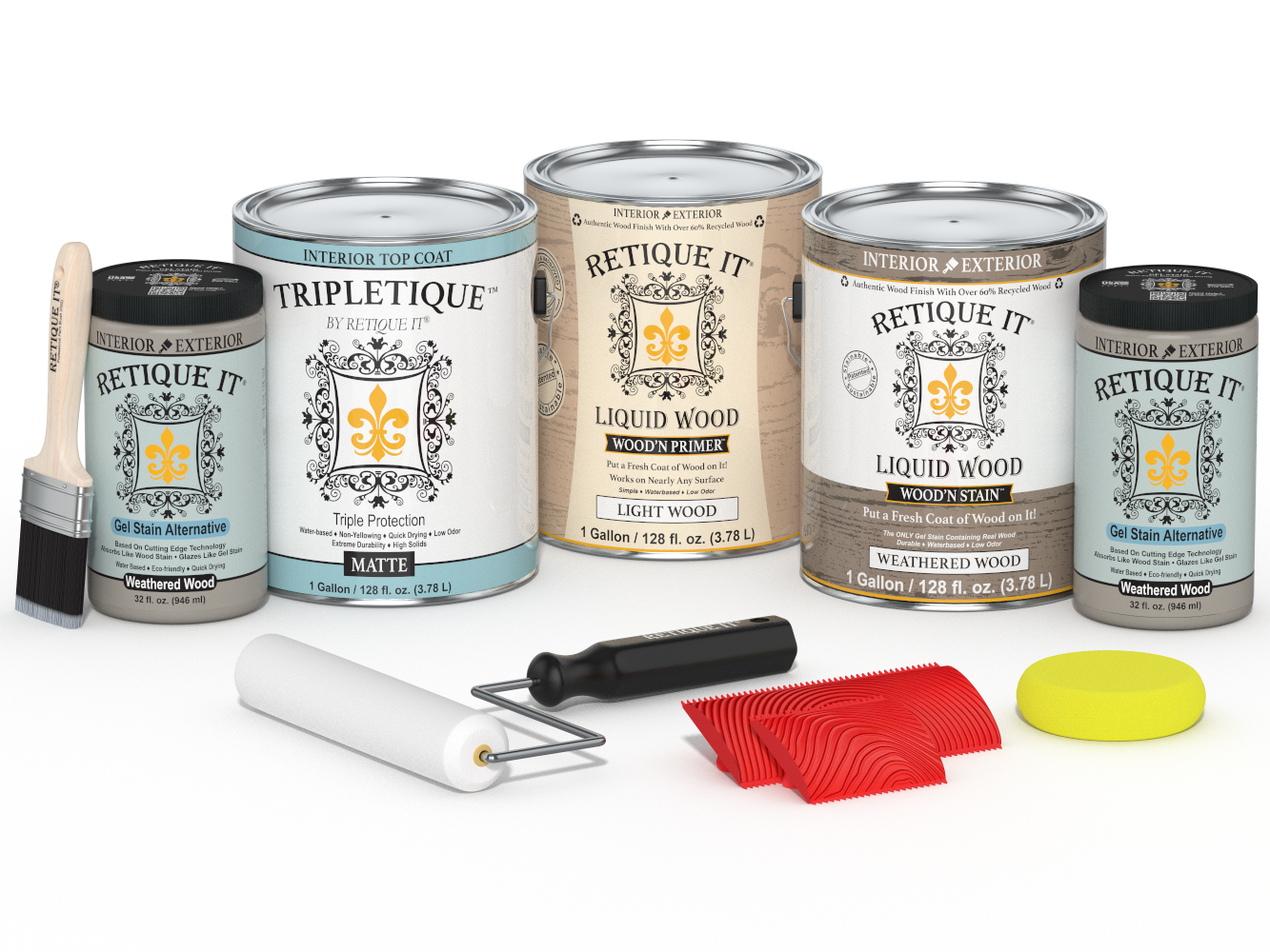 Retique It® Wood'n Finish Kit with four weathered wood interior top coats, featuring matte finish for multi-purpose wood projects.