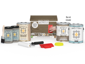 Retique It® Wood'n Finish Kit with four weathered wood interior top coats, shown in a box for multi-purpose wood finishing.