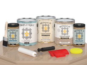 Retique It® Wood'n Finish Kit in XL WNK128 WOAK TPLQ with glossy wood finish, displayed on a table surface.