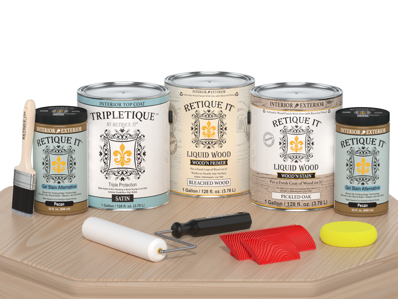 Retique It® Wood'n Finish Kit in Oak with satin finish, shown on a table, designed for wood finishing projects.