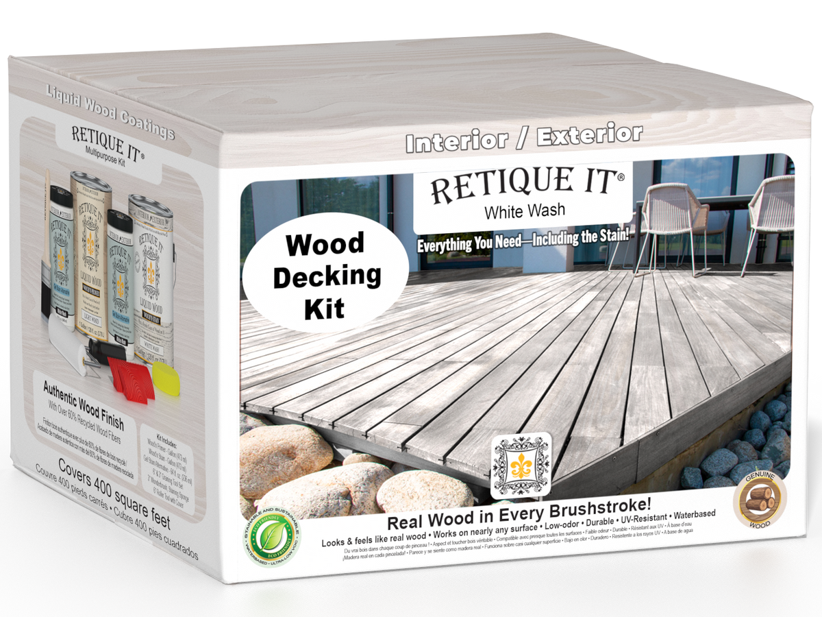 Retique It White Wash decking wood stain kit showing a deck with a white wash finish, highlighting natural wood grain and color.