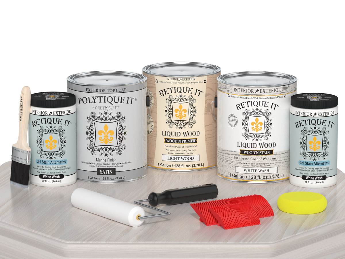Retique It Decking Wood'n Kit White Wash stain on wooden decking with satin finish, showing a light, semi-transparent white wash look.
