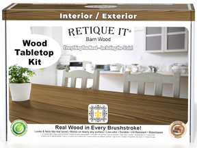 Double size Walnut wood stain kit from Retique It® for tabletops, featuring wood finish samples and application tools.