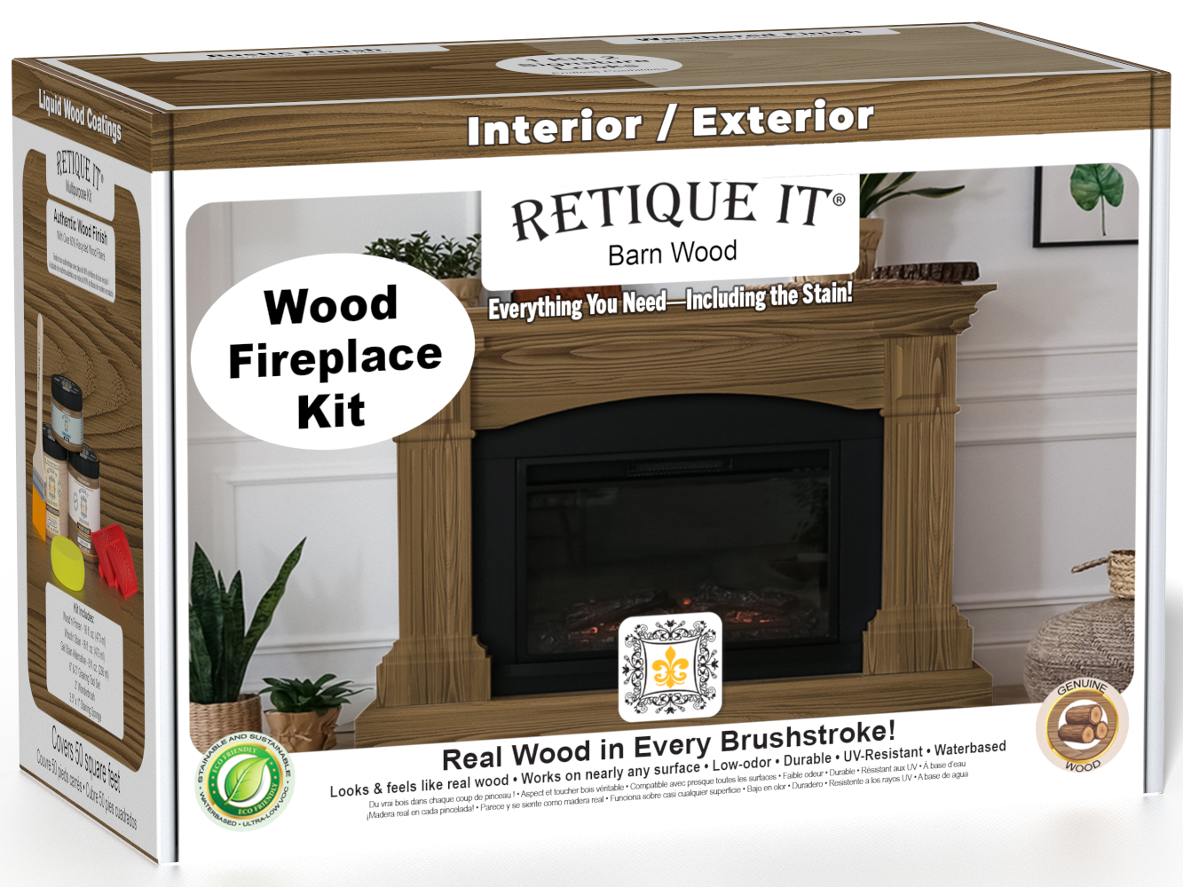 Retique It® Fireplace Wood'n Finish Kit in Modern Walnut, stain set for full fireplace renovation, includes wood stain and finishing supplies.
