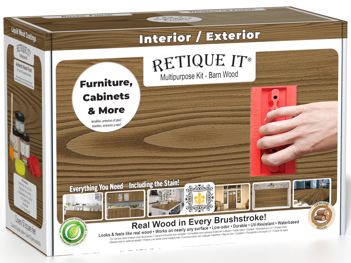 Retique It Multi-purpose Wood'n Kit in Barn Wood for interior topcoat, showing wood finish and application tools included.