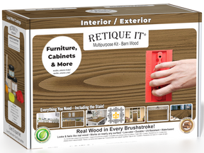 Retique It Multi-purpose Wood'n Kit in Barn Wood for interior topcoat, showing wood finish and application tools included.