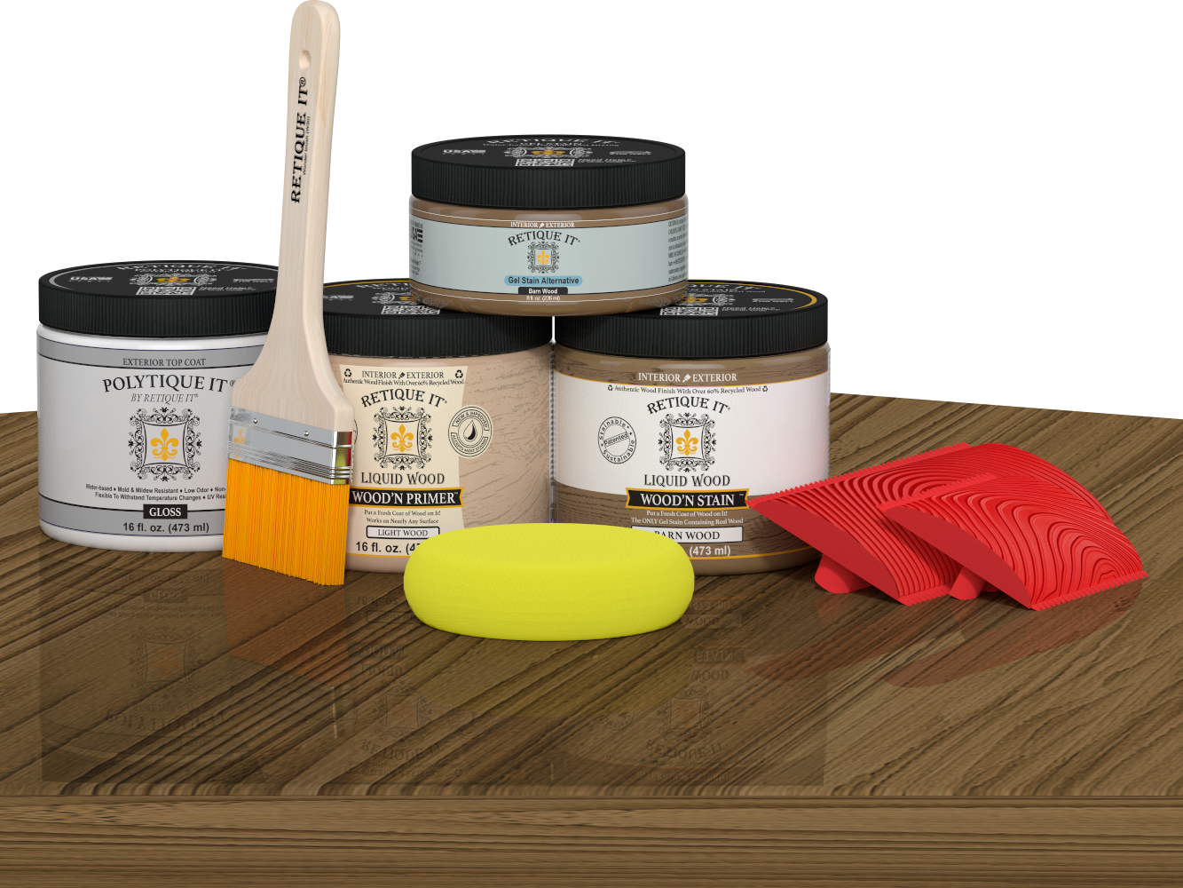 Retique It Wood'n Kit in Barn Wood finish, showing a multi-purpose exterior topcoat kit with wood stain and finishing supplies on a table.