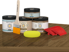 Retique It® barn wood stain countertop kit for kitchen islands, showcasing a rustic wood finish on a kitchen island surface.