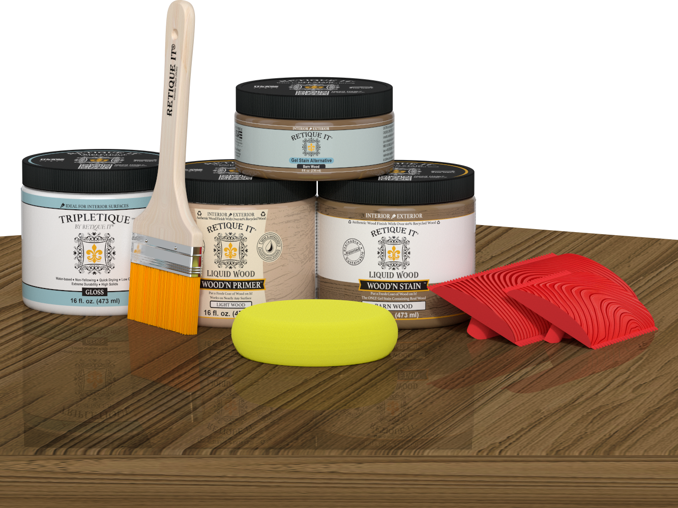 Retique It Wood'n Finish Kit for tabletops, double size in Barn Wood stain, showcasing the stain applied on wood surface.