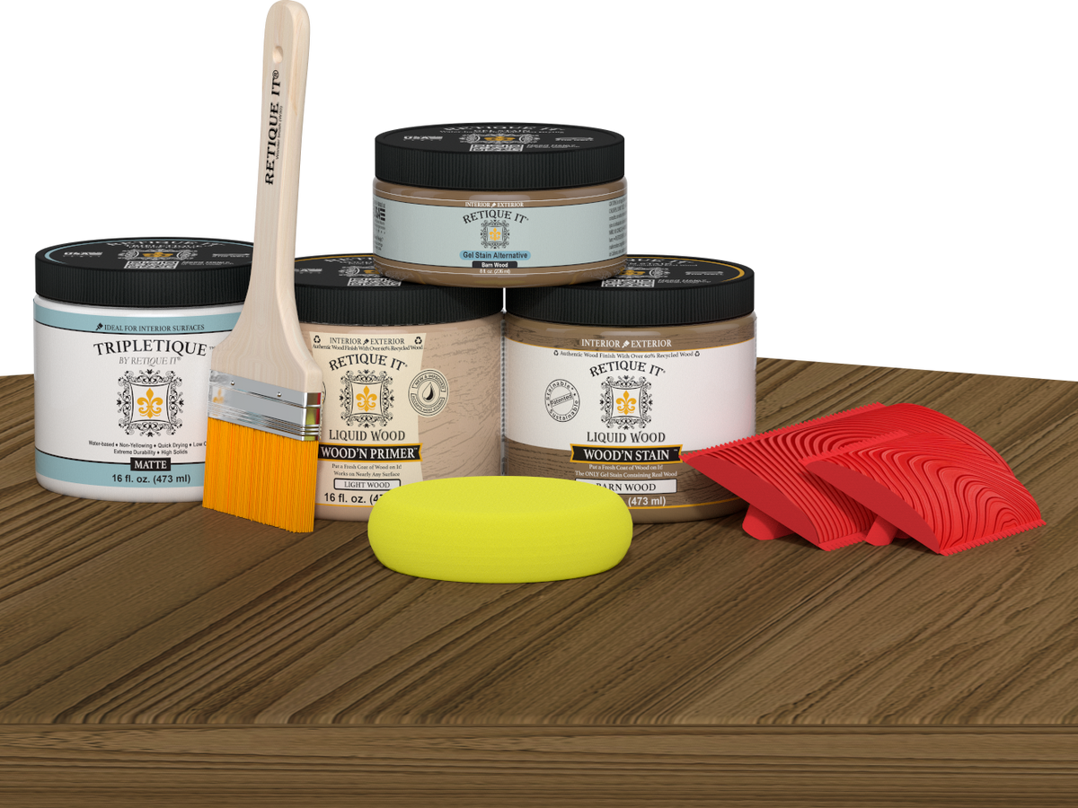 Double size Wood'n Finish Kit by Retique It in Barn Wood stain, shown on a table surface with wood grain details.