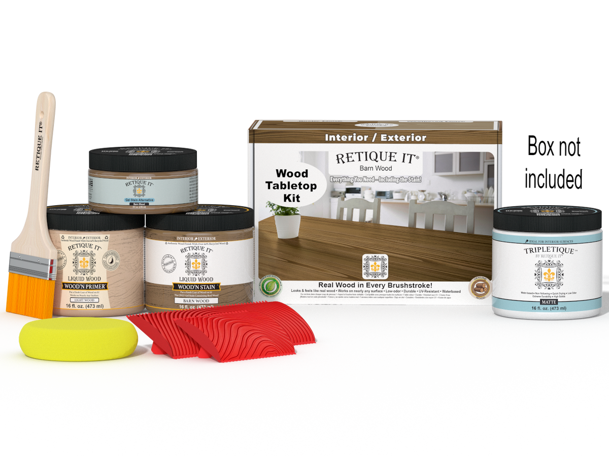 Retique It Wood'n Finish Kit for tabletops, barn wood stain, double size with stain bottles and finishing tools displayed.