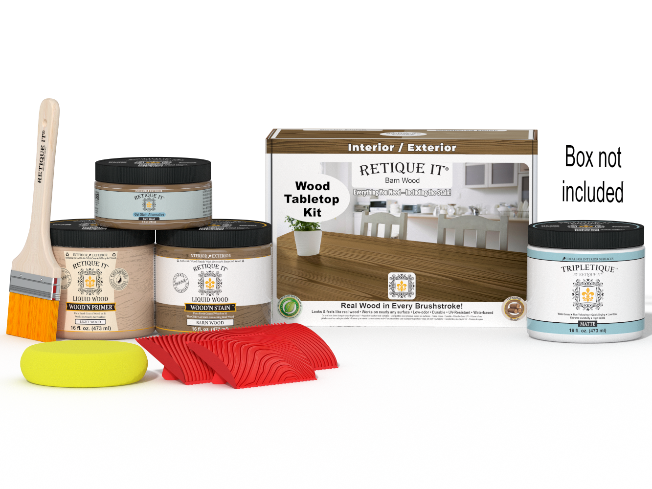 Retique It Wood'n Finish Kit for tabletops, barn wood stain, double size with stain bottles and finishing tools displayed.