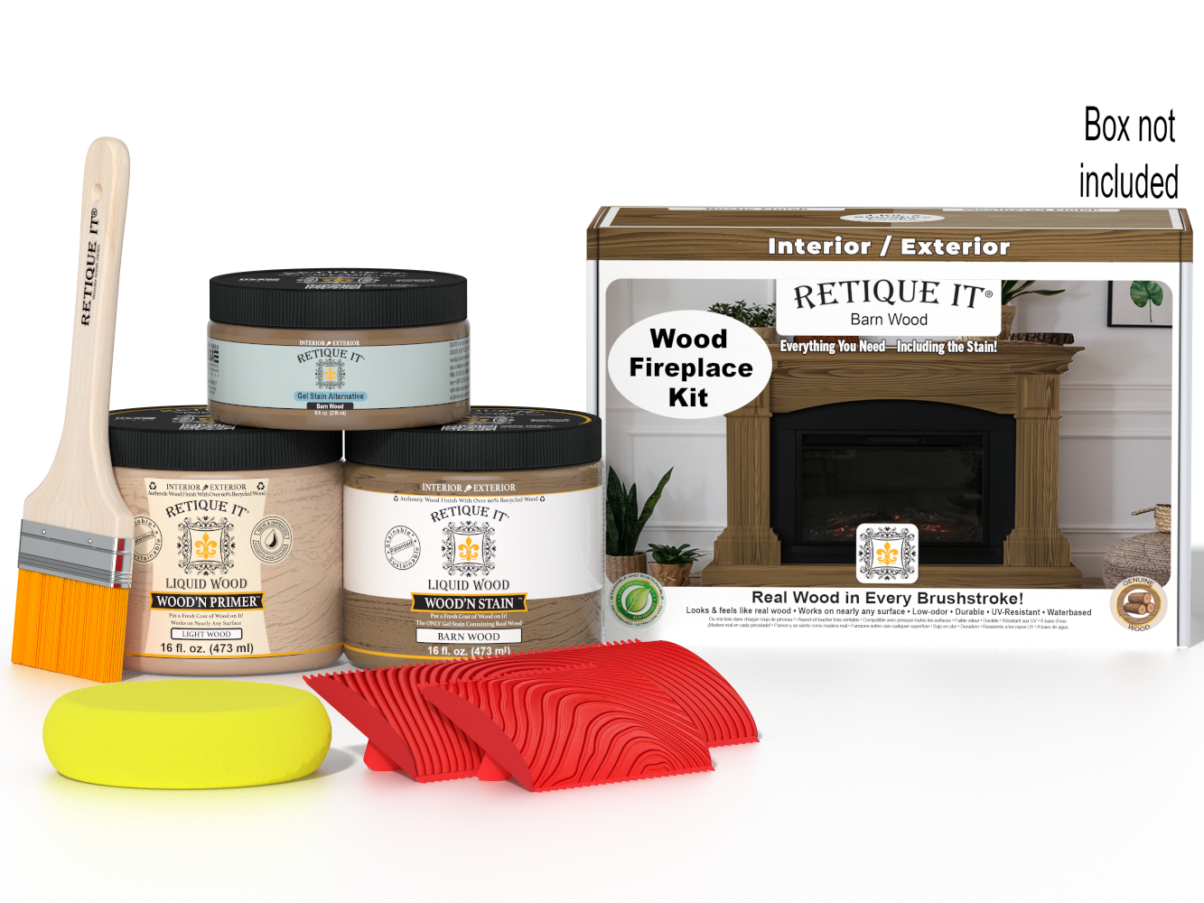 Retique It® Fireplace Wood'n Finish Kit in Modern Walnut, stain set for full fireplace, shown with wooden tools and sample wood finish.