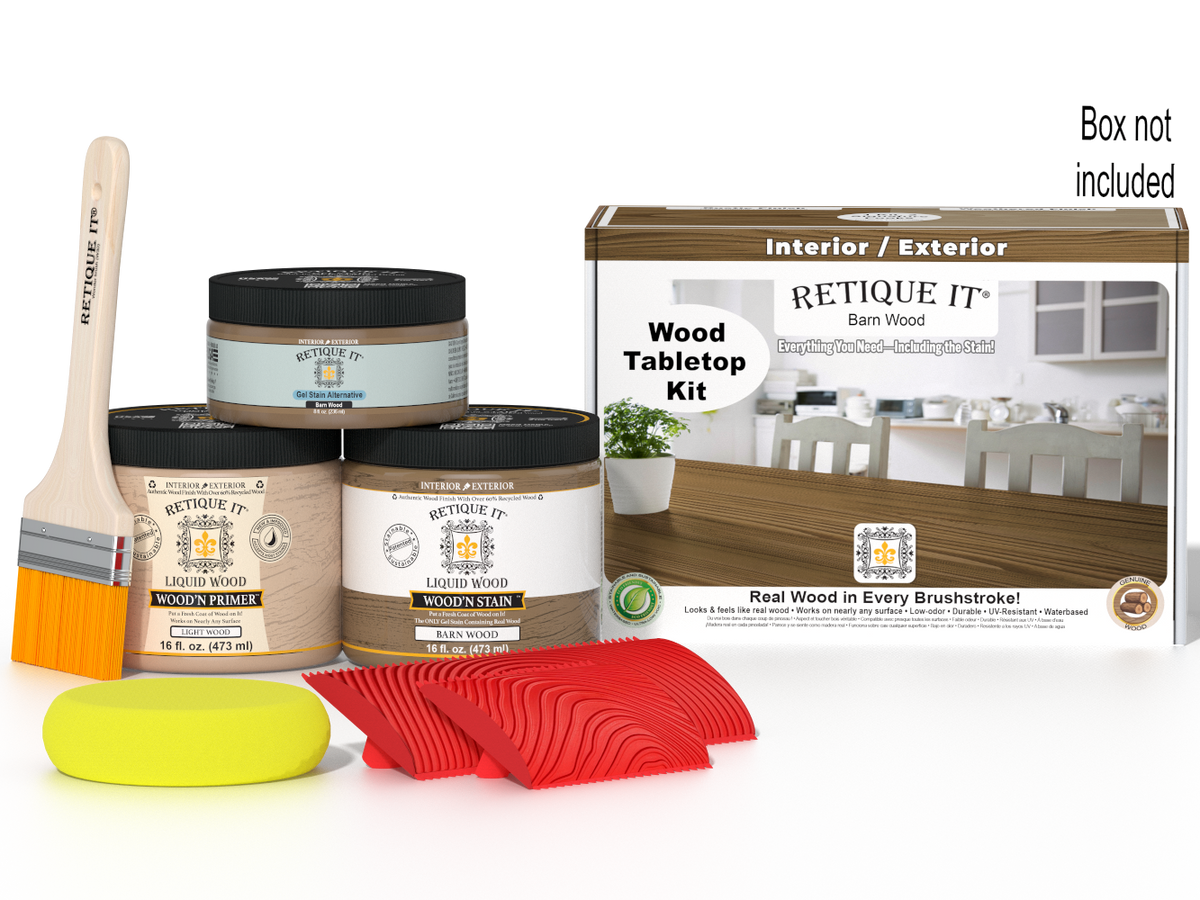 Retique It® Wood'n Finish Kit double size for tabletops in modern walnut stain, includes stain and finishing supplies.