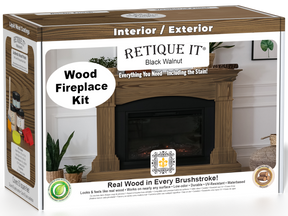 Retique It Fireplace Wood'n Finish Kit in Black Walnut stain for full fireplaces, featuring stain bottles and application tools.