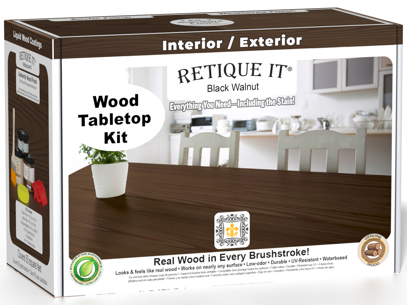 Retique It® Wood'n Finish Kit in Black Walnut stain for tabletops, featuring stain bottles and applicator tools in a double-sized kit.