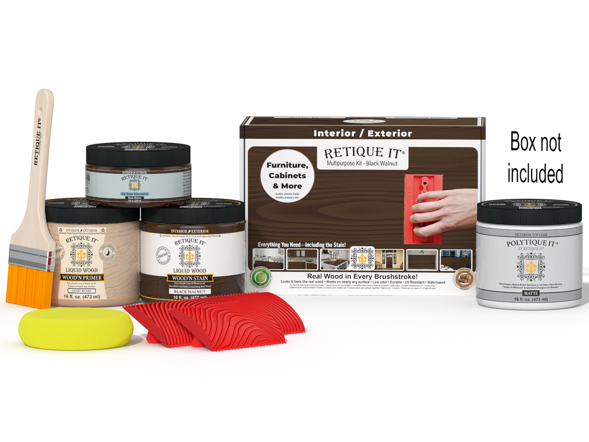 Retique It Wood'n Kit in black walnut finish with exterior top coat, includes brushes and supplies for wood finishing projects.