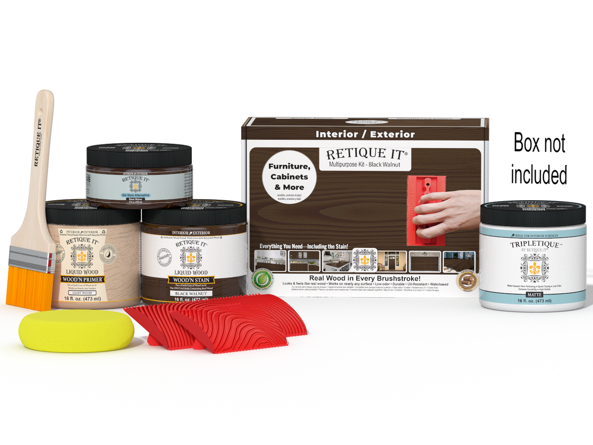 Retique It Wood'n Finish Kit in Black Walnut for interior wood projects, featuring a top coat and application tools.