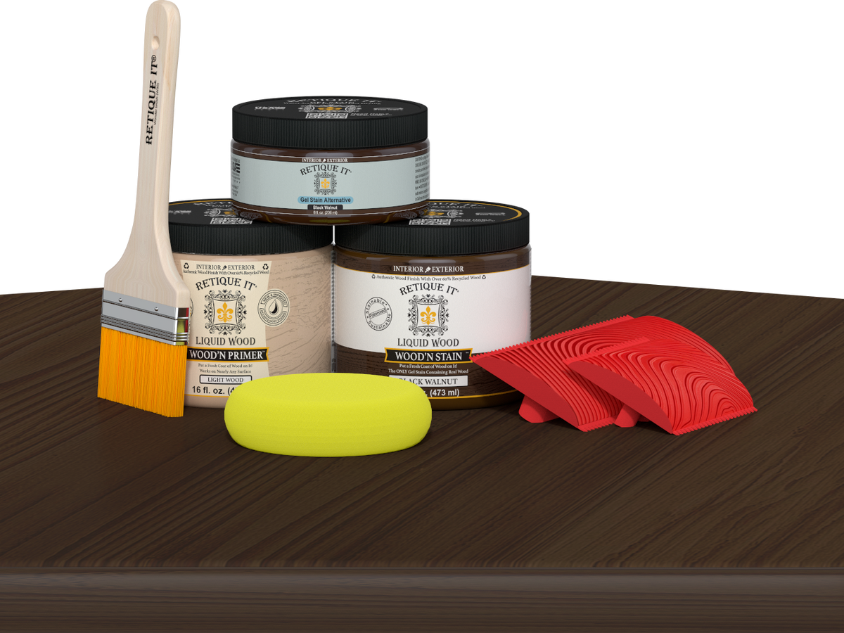 Retique It Wood'n Finish Kit in Black Walnut, medium-sized, with wood stain and finish products on a table.