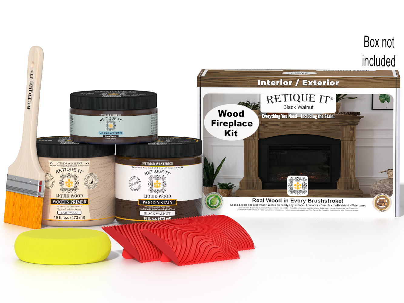 Retique It Fireplace Wood'n Finish Kit in Black Walnut stain showing a full fireplace with wood finish and staining tools.