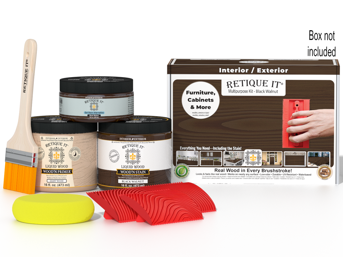 Black Walnut Wood'n Finish Kit by Retique It in medium size, includes wood finish products and application tools with box.