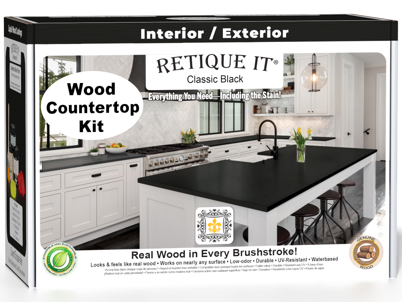 Retique It® classic black countertop kit for kitchen island, showing stained wood surface with a smooth finish.