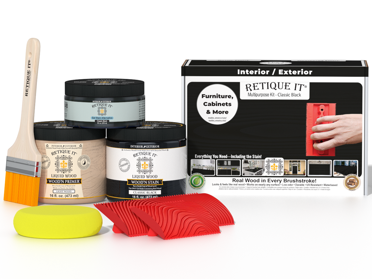 Multi-purpose Wood'n Kit in classic black by Retique It includes wood finish products in a compact kit for wood projects.