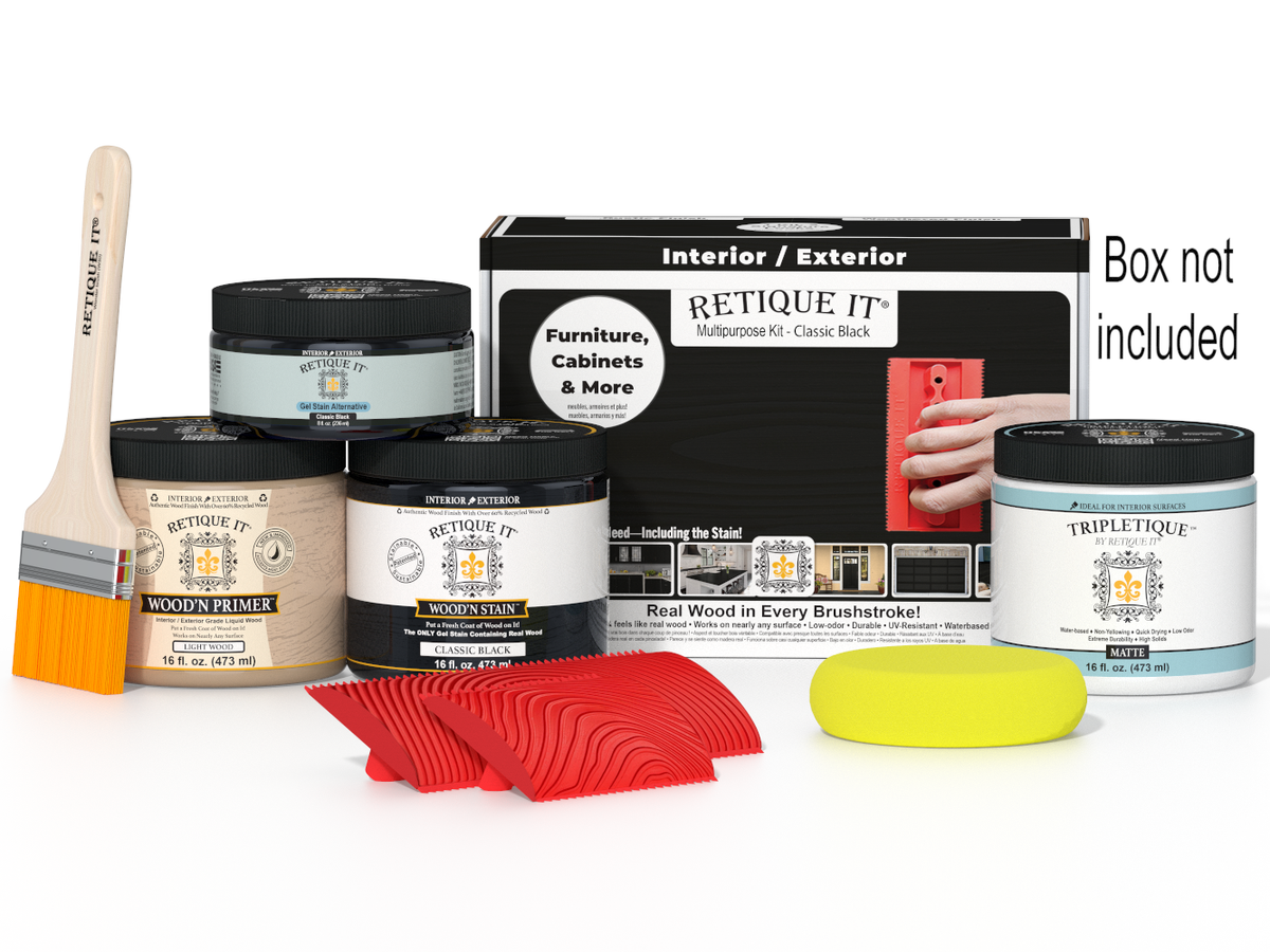 Retique It Wood'n Finish Kit Med Classic Black interior top coat in a box with applicator tools and instructions.