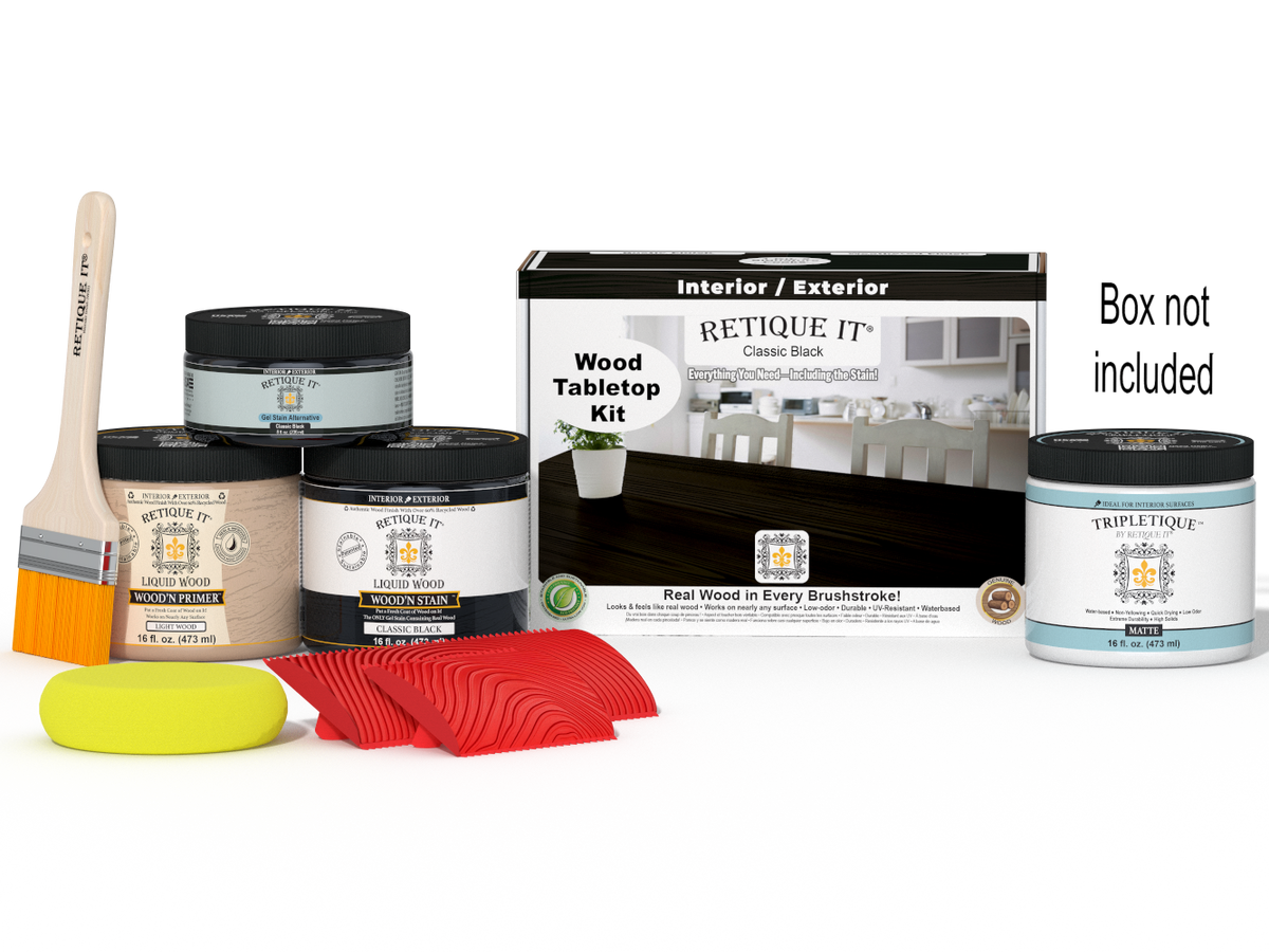 Retique It Wood'n Finish Kit Double Size in Classic Black for tabletops, includes stains and application tools.