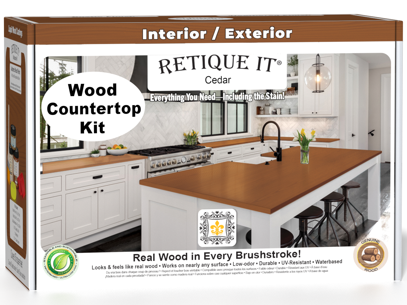 Retique It® cedar stain countertop kit for kitchen islands, featuring a natural wood finish and durable surface.
