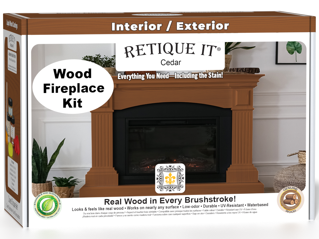 Retique It Fireplace Wood'n Finish Kit in cedar for full fireplaces, featuring stain bottles and application tools in packaging.