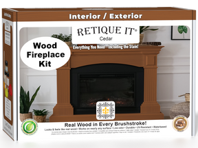 Retique It Fireplace Wood'n Finish Kit in cedar for full fireplaces, featuring stain bottles and application tools in packaging.