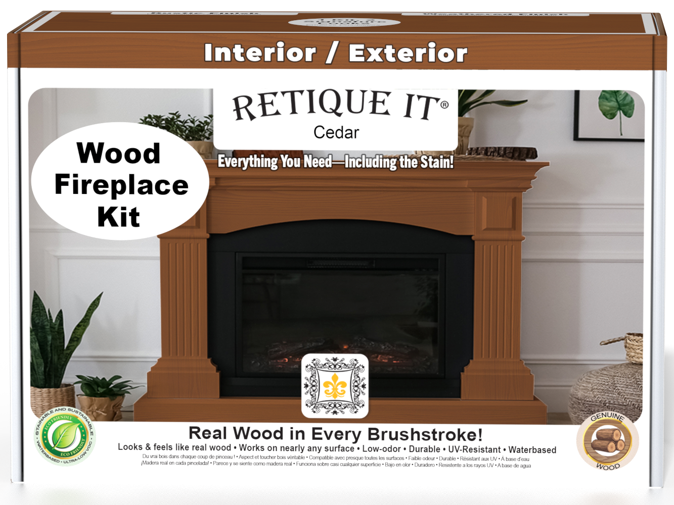 Retique It Fireplace Wood'n Finish Kit in cedar stain, full fireplace with woodgrain appearance and stain application tools.