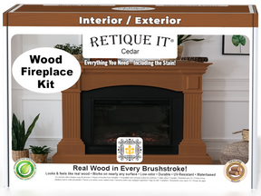Retique It Fireplace Wood'n Finish Kit in cedar stain, full fireplace with woodgrain appearance and stain application tools.