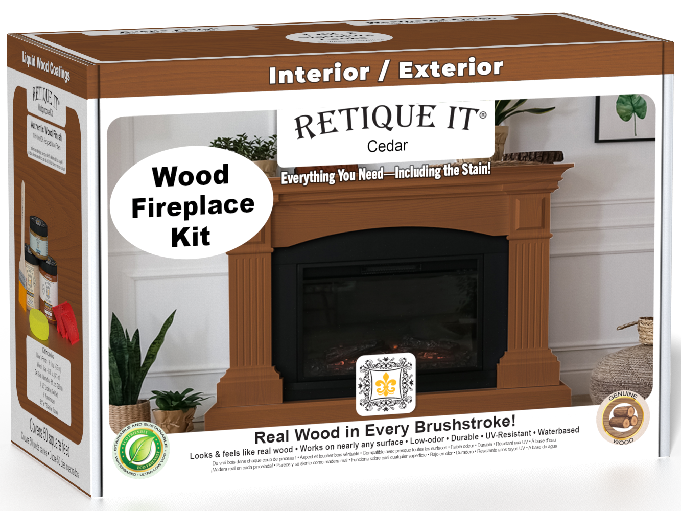 Retique It Fireplace Wood'n Finish Kit in cedar stain showing a complete fireplace with wood finish in a natural cedar color.