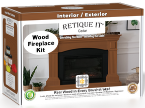 Retique It Fireplace Wood'n Finish Kit in cedar stain showing a complete fireplace with wood finish in a natural cedar color.