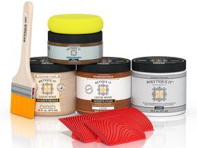 Cedar-colored Multi-purpose Wood'n Kit by Retique It® with gloss top coat for exterior wood finishing, including brushes and accessories.