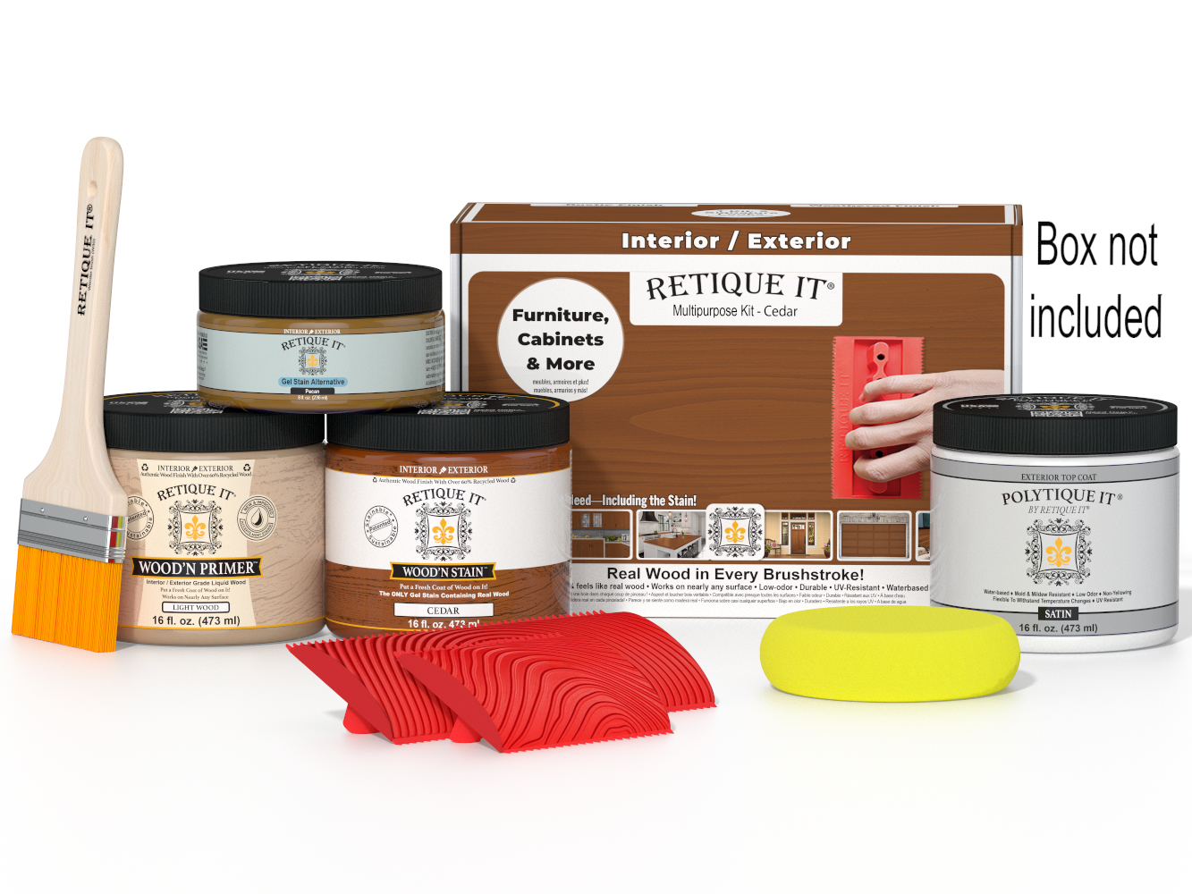 Retique It® Wood'n Finish Kit in cedar for exterior top coating, includes multi-purpose wood finishing tools and supplies.