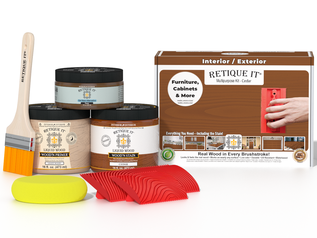 Multi-purpose Cedar Wood'n Finish Kit by Retique It with various finishing products for wood furniture and projects.