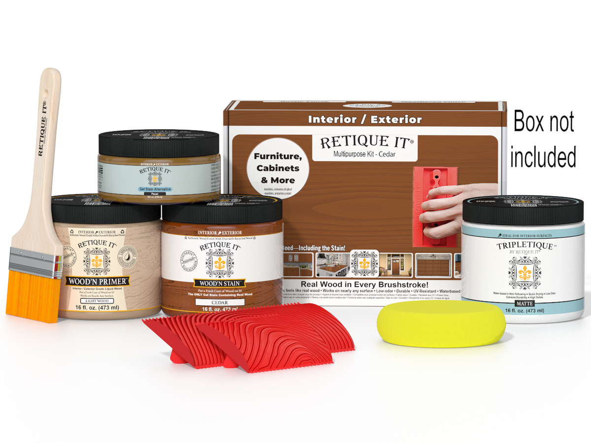 Retique It Wood'n Kit Cedar interior top coat in a box, designed for multi-purpose wood finishing projects.