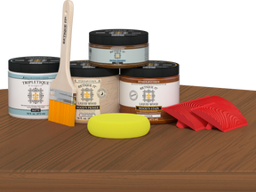 Retique It® Cedar countertop kit for kitchen islands, featuring stain application on a wooden surface.